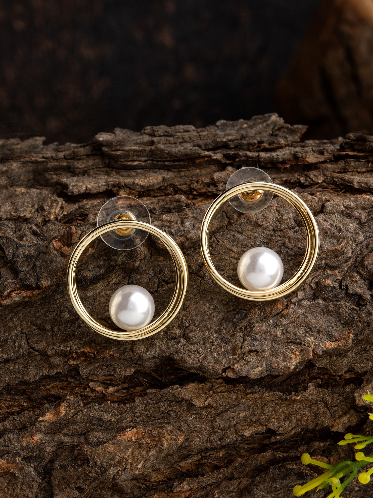 Gold Plated Silver Round Ear Studs With All White Mix Shape Polkis